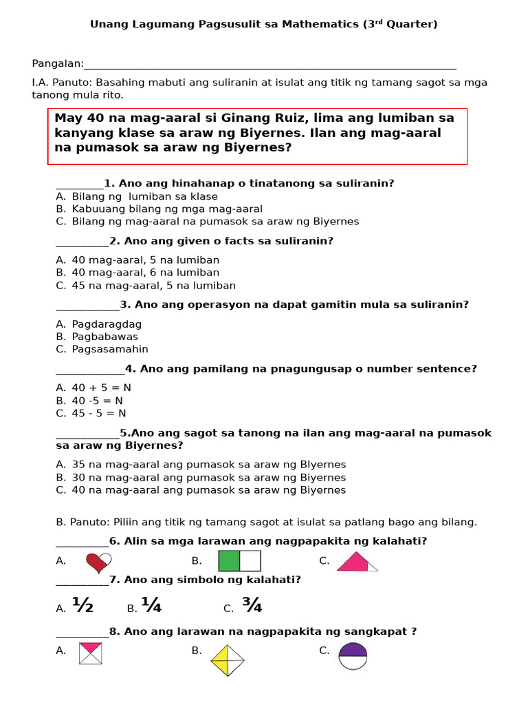 1st Summative Test Math 3rd Quarter | PDF