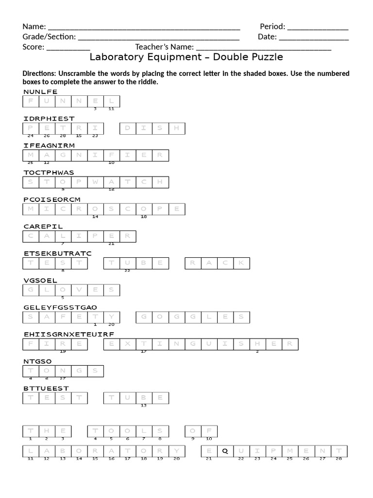 Laboratory Equipment - Double Puzzle (With Answer Key) | PDF