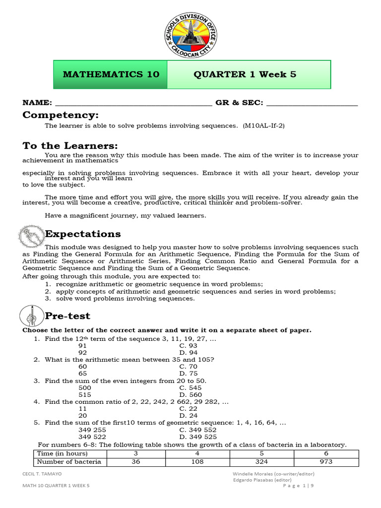 Math 10 Q1 Week 5 | PDF | Arithmetic | Sequence