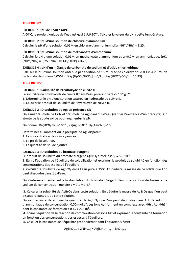 Calculs de pH et solubilité en chimie | PDF | Concentration molaire ...