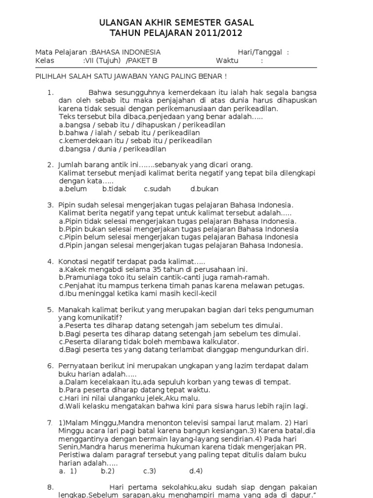 Ulangan Akhir Semester Gasal Tahun Pelajaran 2011 Ulangan Akhir Semester Gasal Tahun Pelajaran 2011