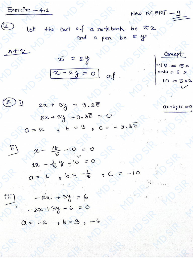 Class 9 New Ncert Linear Equations in Two Variables Notes by MD | PDF