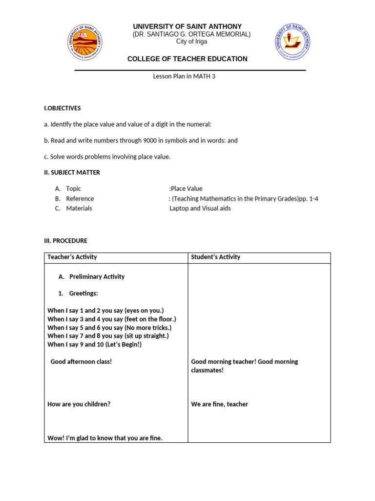 Lesson Plan in MATH 3 | PDF