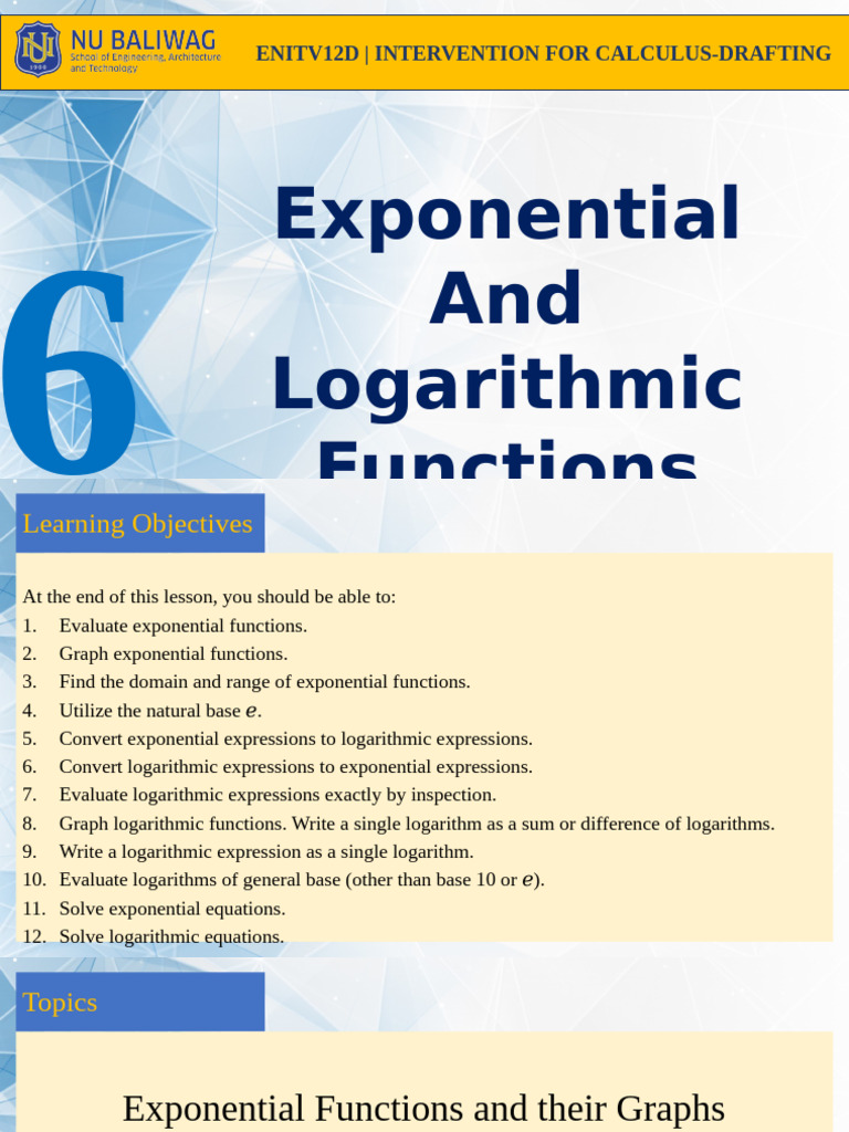 Enitv12d - Week 6 - Exponential and Logarithmic Functions | PDF