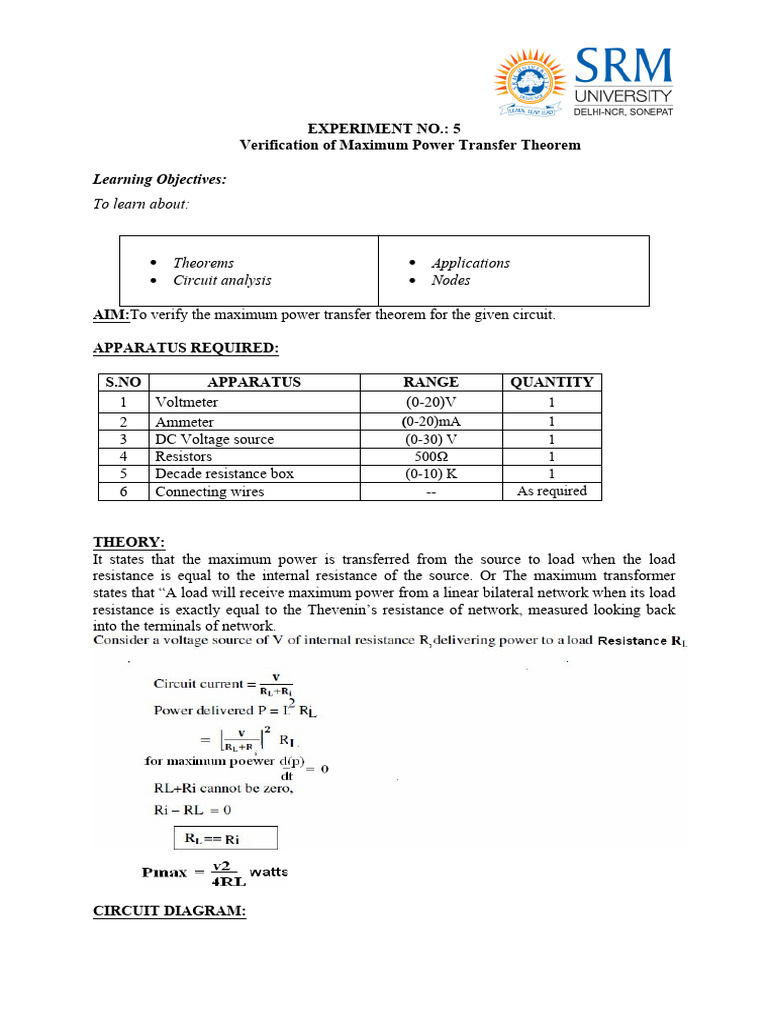 Maximum Power Transfer Theorem Verification | PDF | Voltage ...