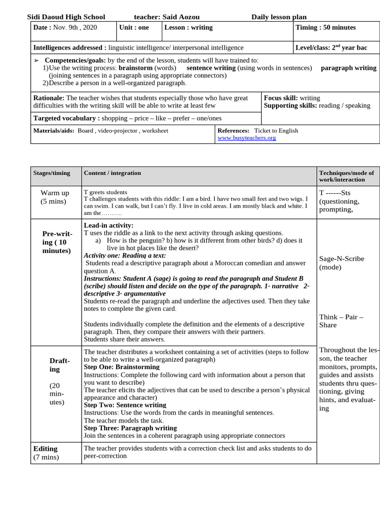 Writing Lesson Plan 2 Lesson Plan | PDF