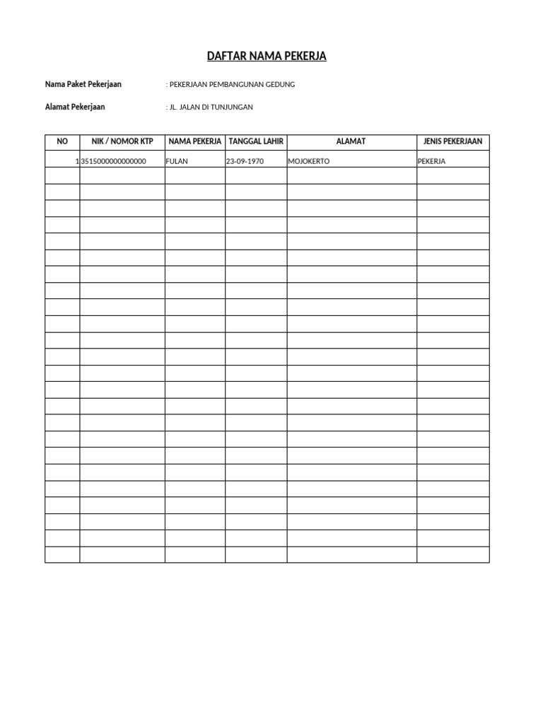 Template Daftar Nama Pekerja | PDF