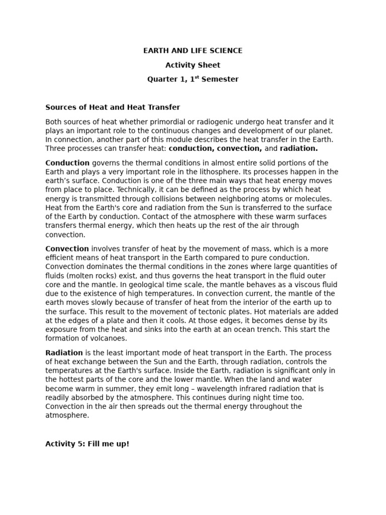 Earths Internal Heat Activity Sheet | PDF