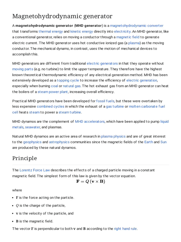 Magnetohydrodynamic Generator - Wikipedia | PDF | Magnetohydrodynamics ...
