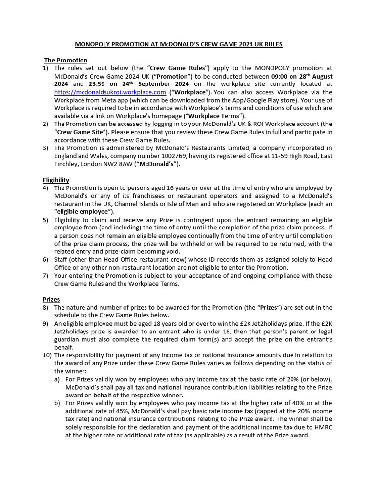 McDonald's 2024 Crew Game Rules | PDF | Gift Card | Credit Card
