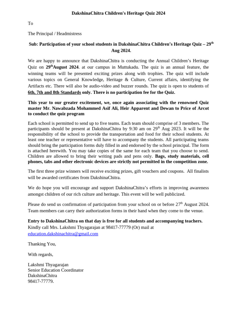 Dakshina Chitra Children Quiz Letter to Schools 2024 PDF
