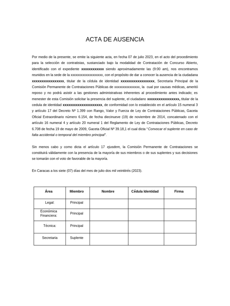 Acta De Ausencia En Contratación Pública Pdf Derecho
