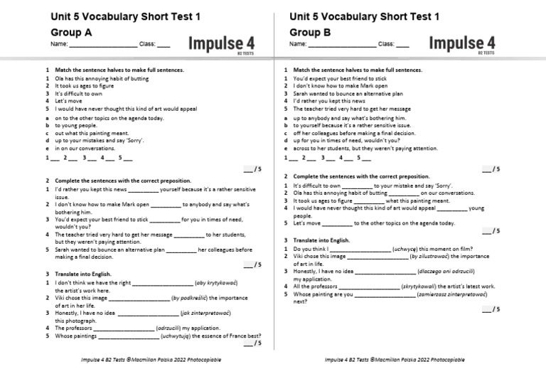 Unit 5 Vocabulary Short Test 1 A+B | PDF