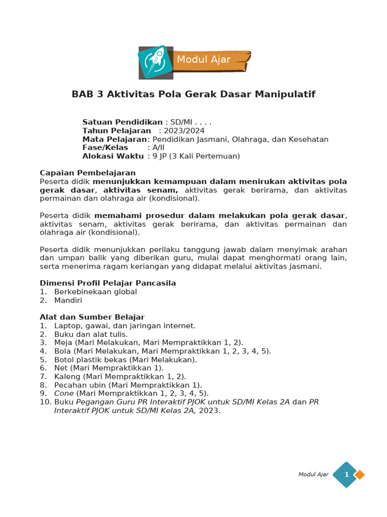 Modul Ajar PR PJOK 2A 2023-2024 Bab 3 | PDF