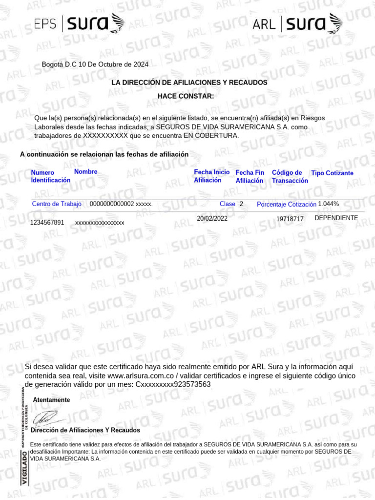 Certificado Afiliacion Arl SURA Sin Llenar | PDF