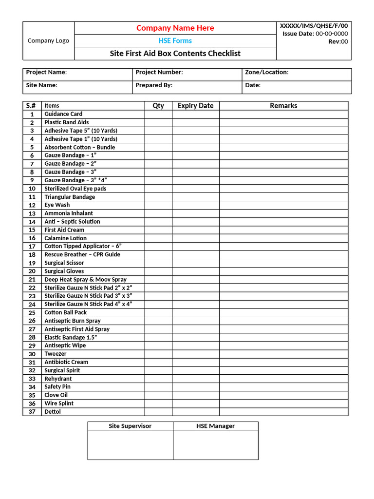 Project Site First Aid Box Contents Checklist | PDF