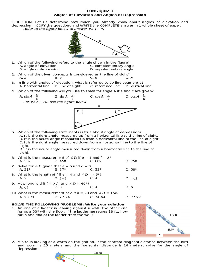 LONG QUIZ 3 Angles of Elevation and Depression | PDF | Line (Geometry ...