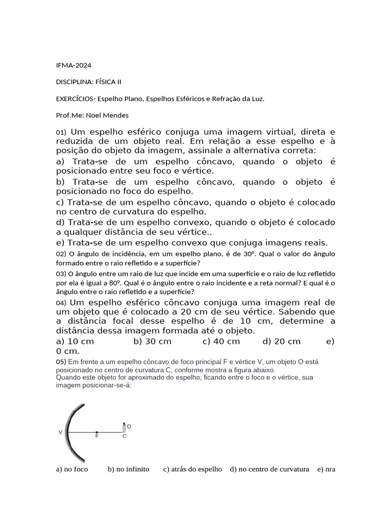 EXERCÍCIOS - Óptica-Espelho Plano, Espelhos Esféricos e Refração Da Luz ...