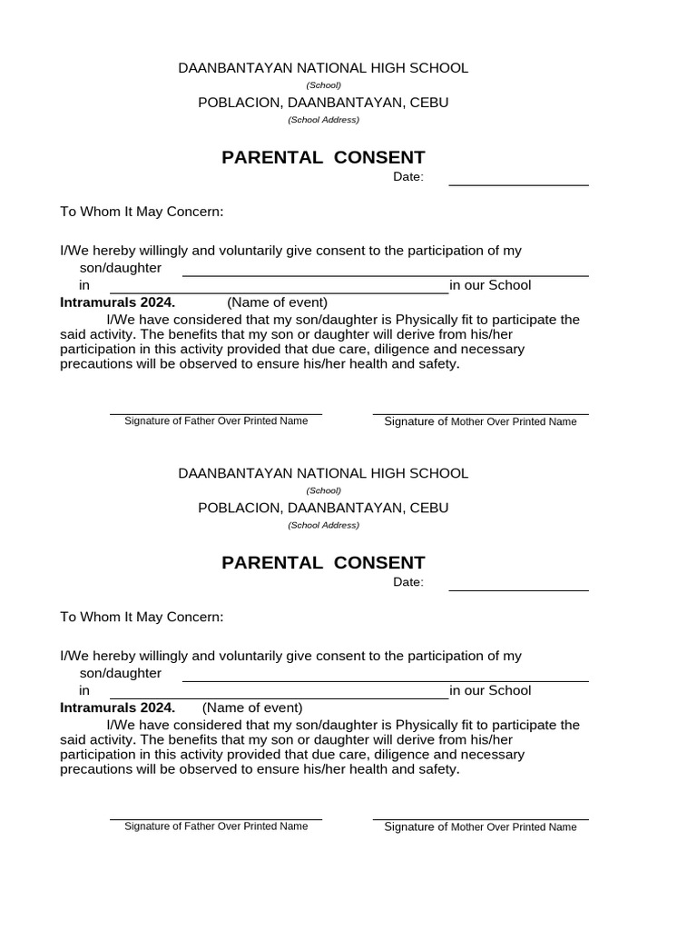 Parental Consent for Intramurals 2024 | PDF