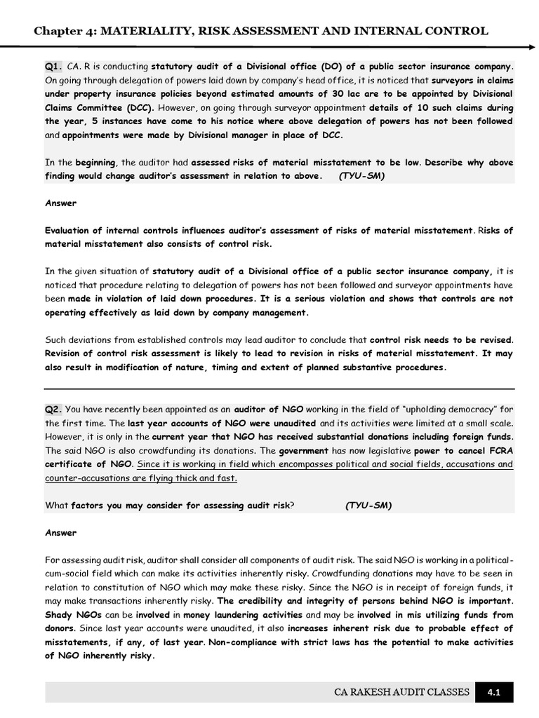 Chapter 4 Materiality Risk Assessment and Internal Control 1 | PDF
