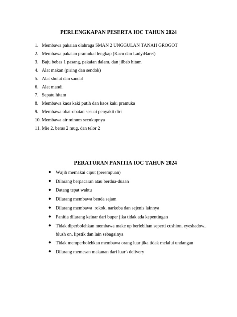 Perlengkapan Panitia Ioc 2024. | PDF
