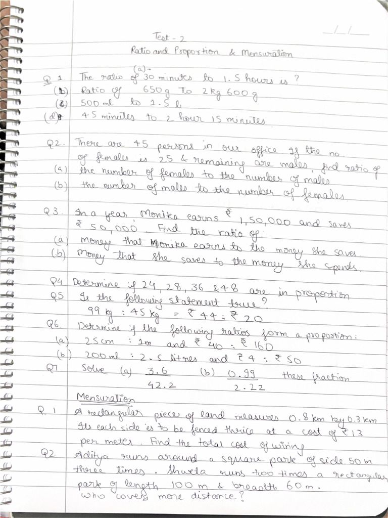 Test paper -2 ratio and proportion and Mensuration | PDF