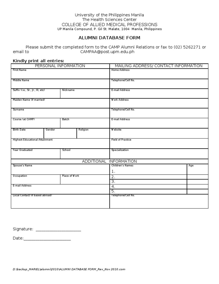 UP Manila Alumni Database Form | PDF | Career & Growth | Wellness