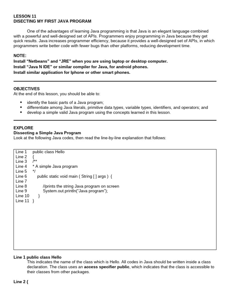10computer 10 - Lesson 11 - DISECTING MY FIRST JAVA PROGRAM | PDF ...
