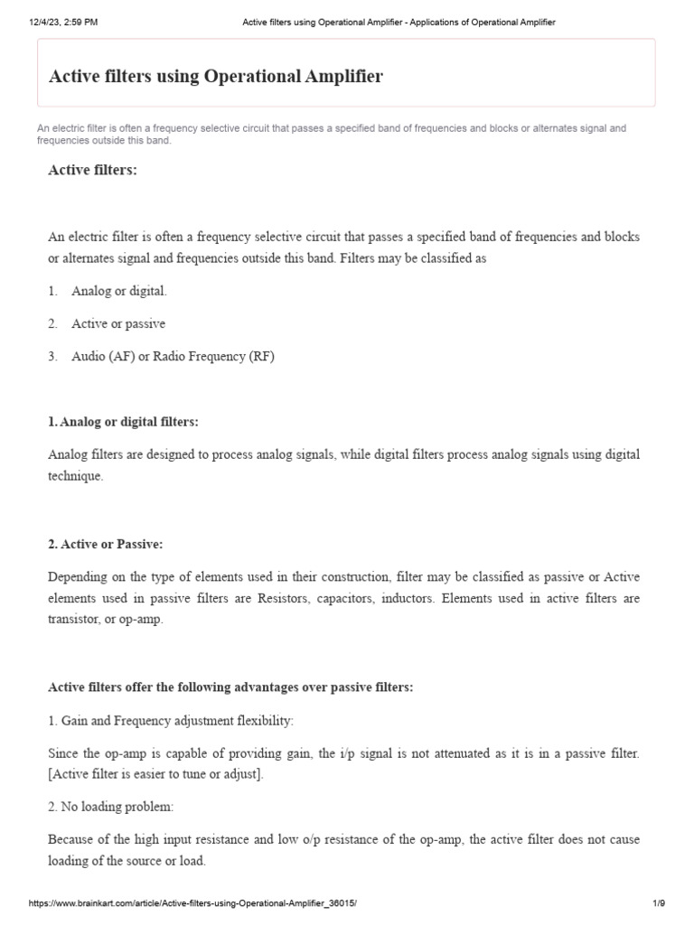 Active Filters Using Operational Amplifier - Applications of ...