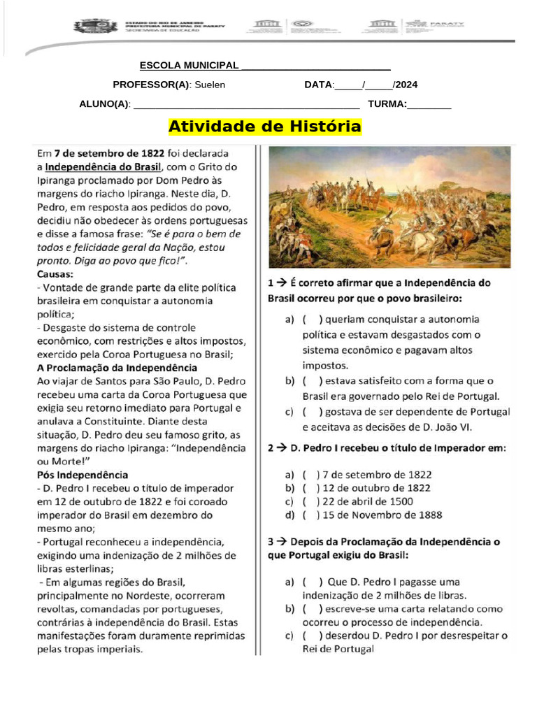 Atividades Primeiro Reinado 8 Ano Bruniv - Free Word Template