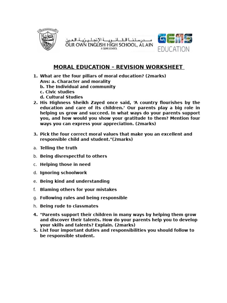 Moral Education - Revision Worksheet | PDF