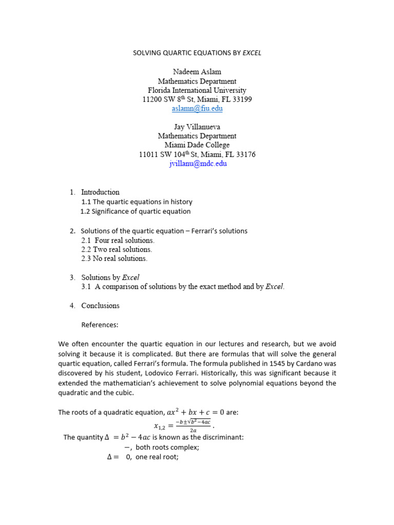 ICTCM22 Solving Quartic Equations by Excel | PDF