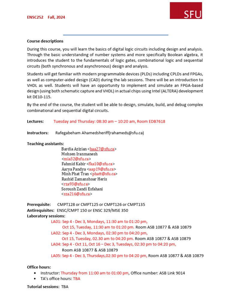 102 ENSC 252 Course Information 1 Fall 2024 | PDF