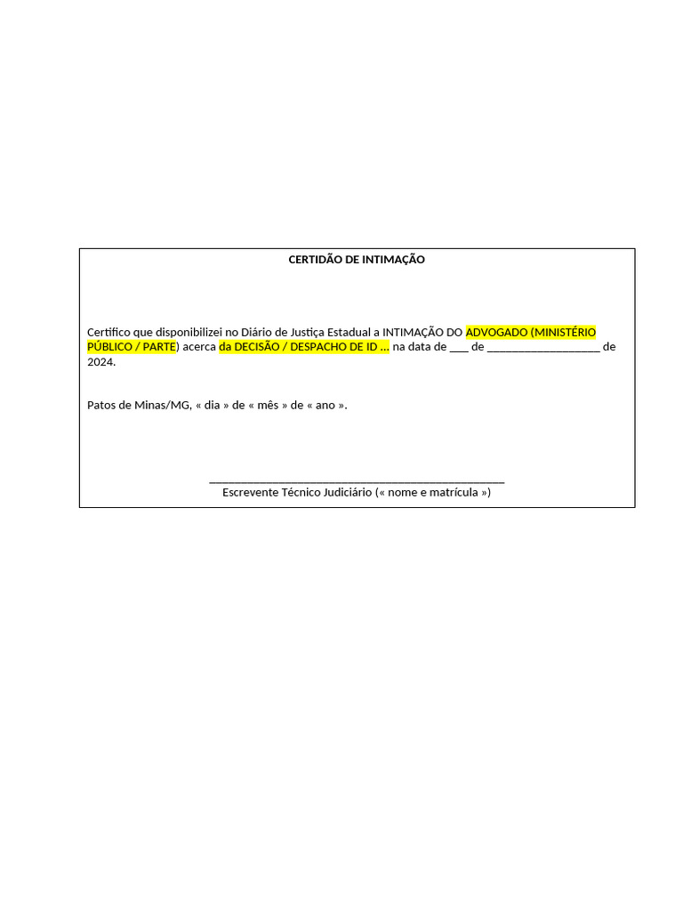 Modelo - Certidão de Intimação | PDF