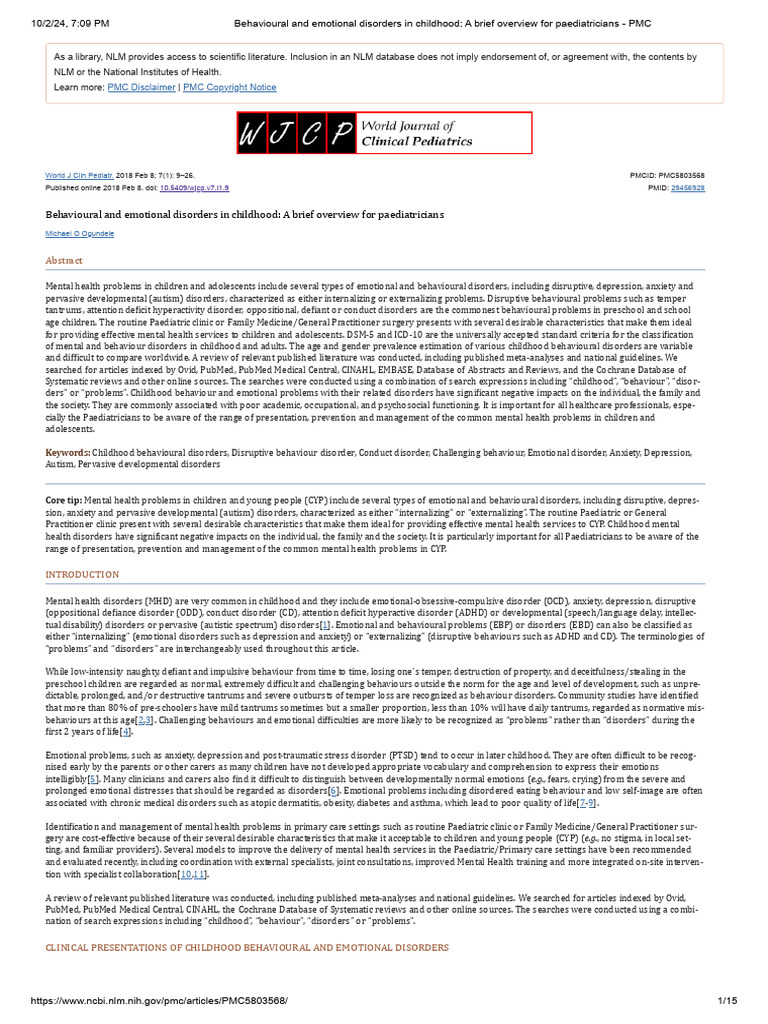 Behavioural and Emotional Disorders in Childhood - A Brief Overview For ...