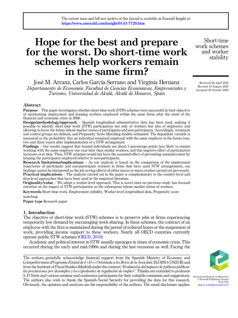 Hope For The Best and Prepare For The Worst. Do Short-Time Work Schemes ...