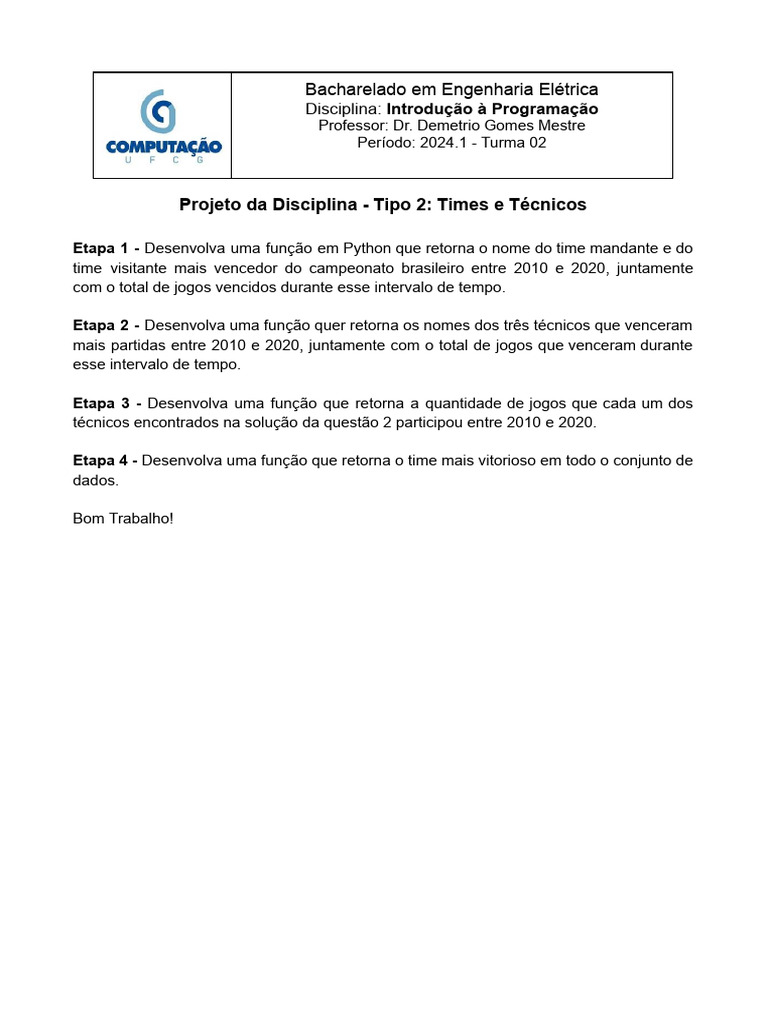 Projeto Da Disciplina - Tipo 2 - Times e Técnicos | PDF