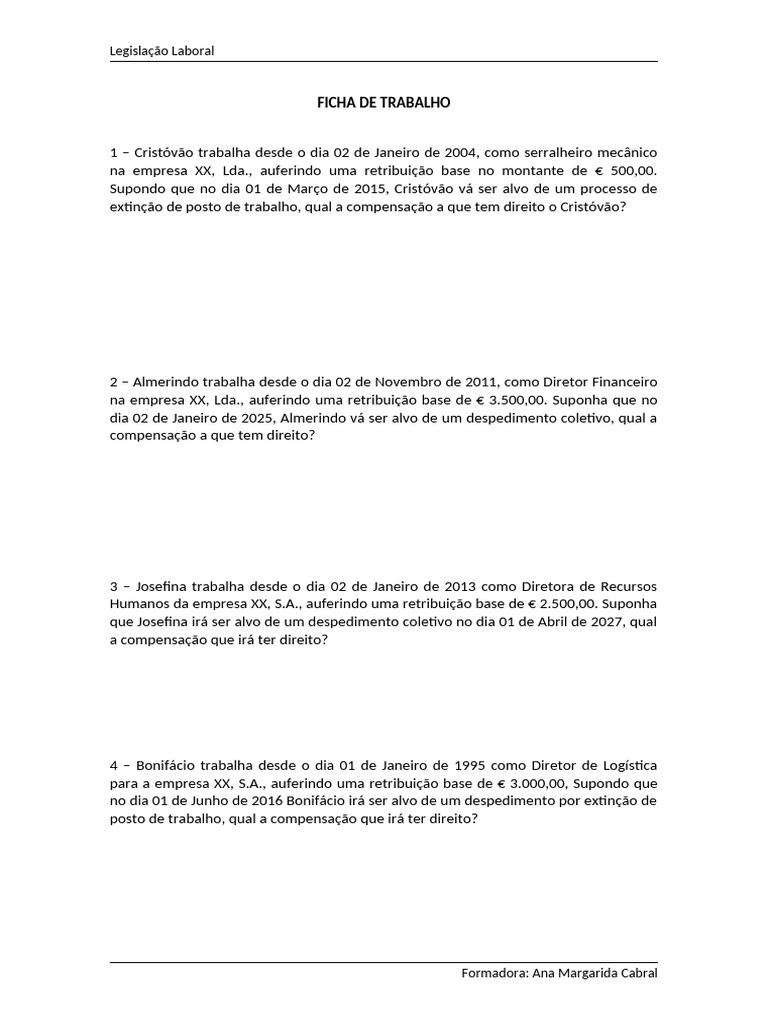 FICHA DE TRABALHO (Compensação Art. 366º CT) | PDF