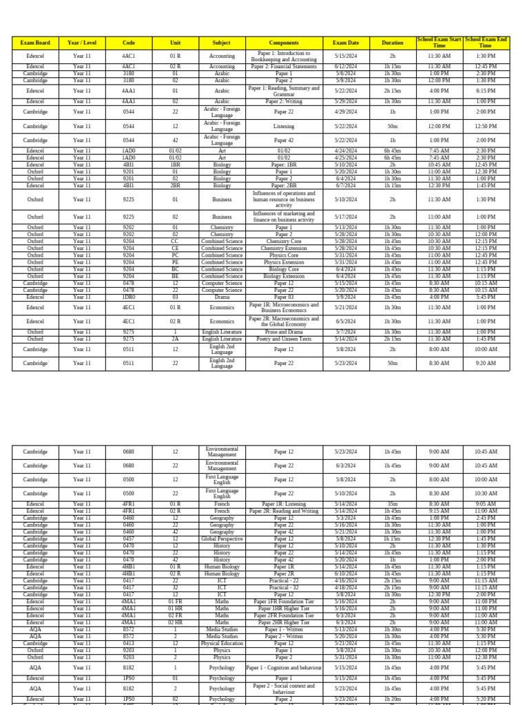 JUNE 2024 Exam Series - Year 11 - IGCSe - Final Timetable | PDF