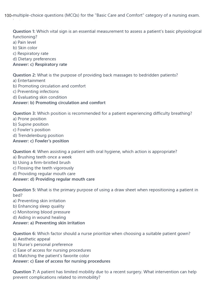 Basic - Care & Comfort 100 MCQ PDF | PDF