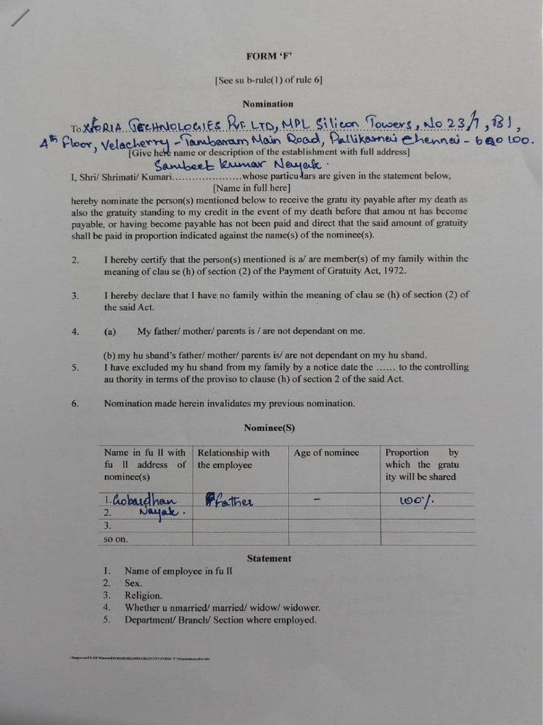 Sambeet Kumar Form F | PDF