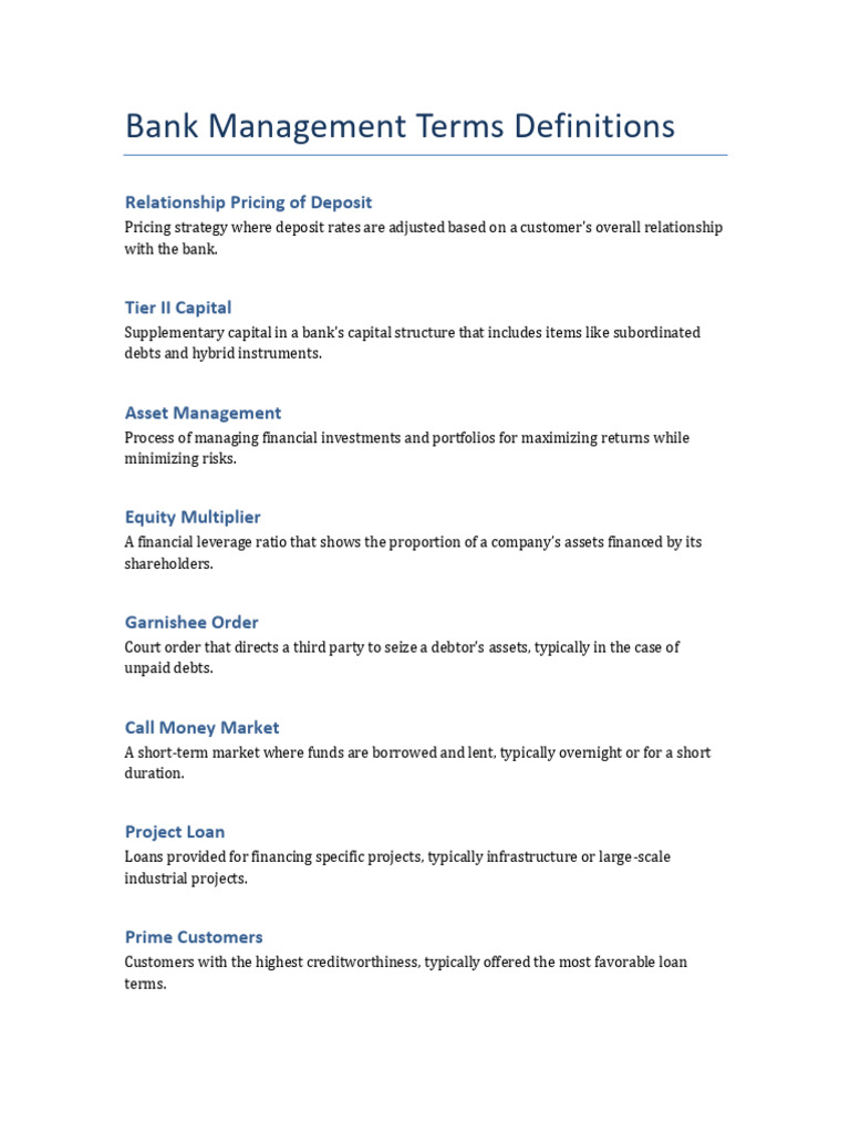 Bank Management Terms Definitions | PDF | Loans | Finance & Money ...