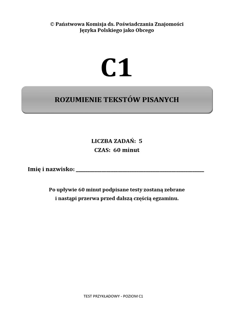 C1 Przykladowy Test Marzec2020 Czytanie | PDF