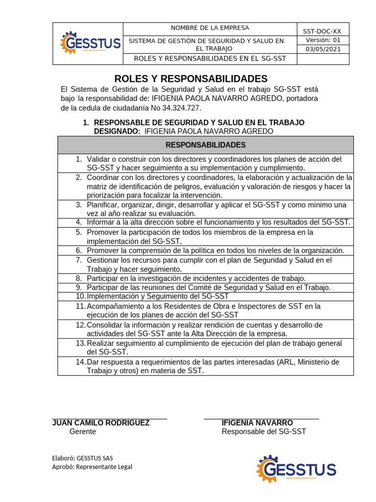 Modelo Roles y Responsabilidades SG-SST | PDF