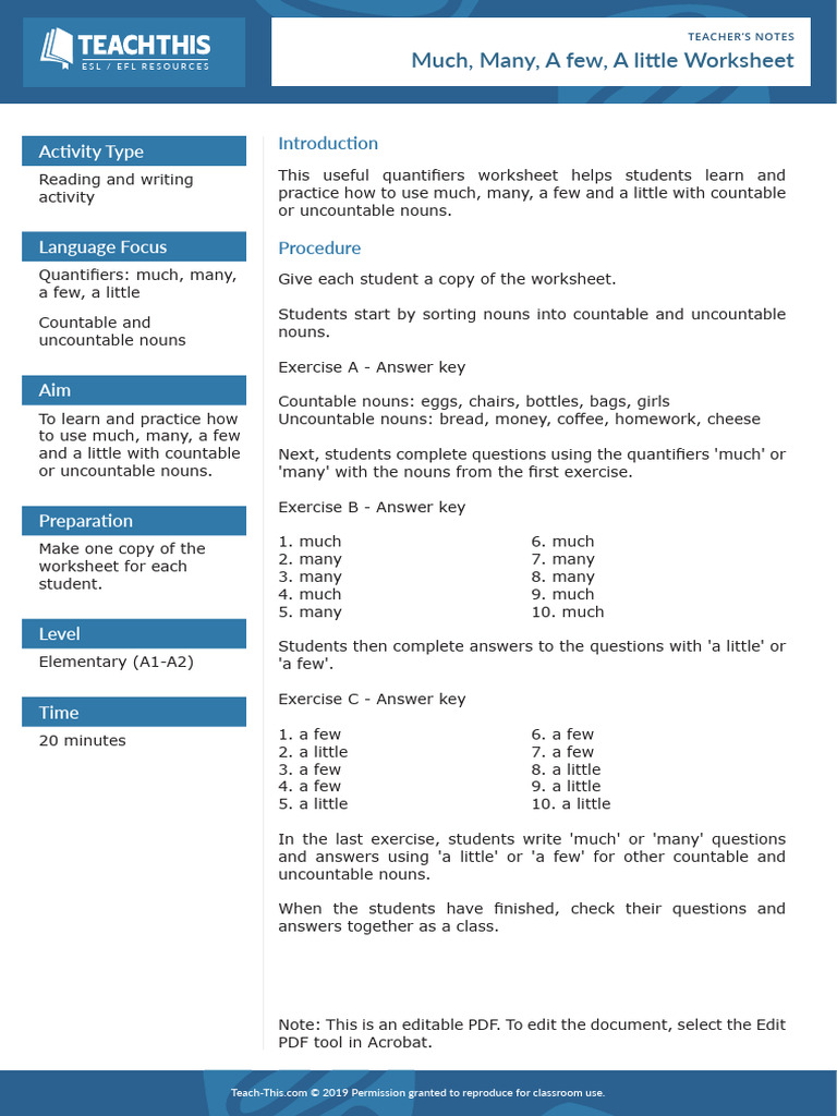 Much, Many, A Few, A Little Worksheet | PDF