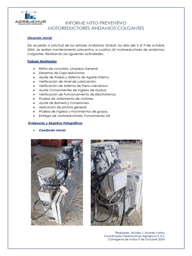 Informe Mtto Preventivo Motoreductores Andamios Colgante | PDF
