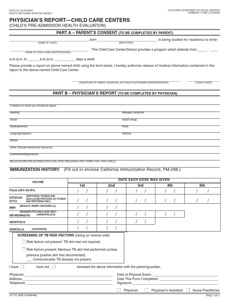 Physician's Report - Child Care Centers | PDF