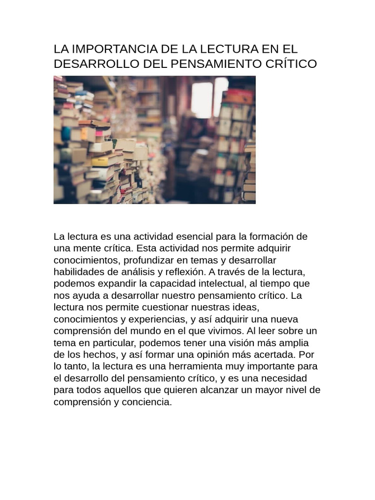 La Importancia de La Lectura en El Desarrollo Del Pensamiento Crítico | PDF