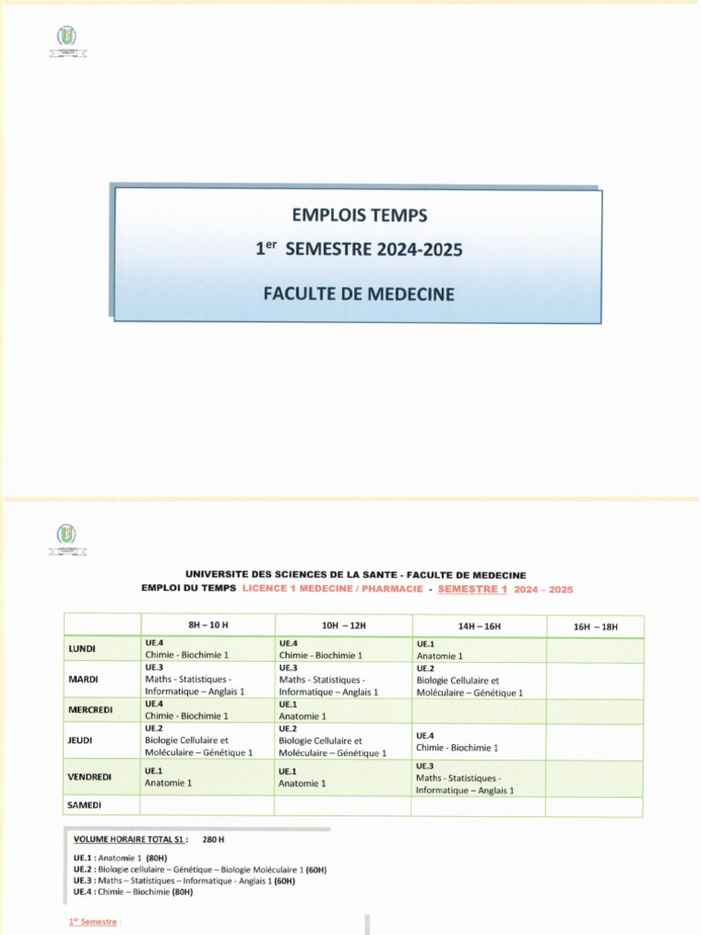 Emploi Du Temps 1er Semestre 2024-2025 | PDF