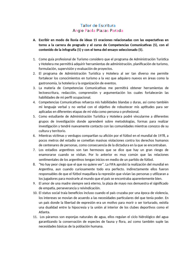 Taller de Escritura: Expectativas y Temas | PDF | Colombia | Estudios ...